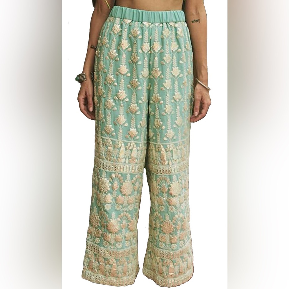 Coco Bombay Sequin Embroidered Resort Pants Mint Wide Leg - Medium